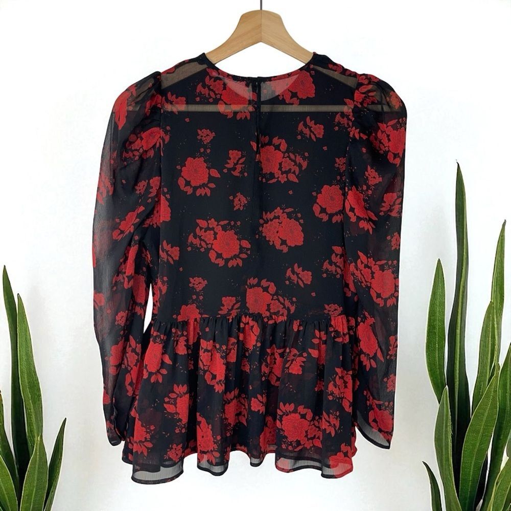 Zara Rose Floral Semi-Sheer Chiffon Puff Sleeve Peplum Blouse - Picture 6 of 12